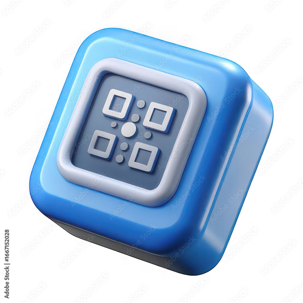 Poster 3d blue qr code cube isolated on transparent background