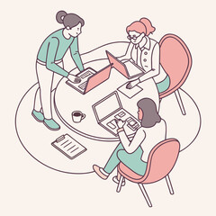 business team collaboration, meeting table, pastel tones