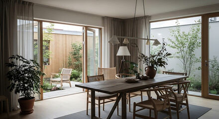 Dining room with wooden table chairs and view of garden through large windows and sliding glass doors ai generated