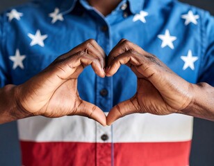 Hands forming a heart shape, person wearing an American flag shirt