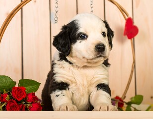 Cute puppy, roses, Valentine's Day