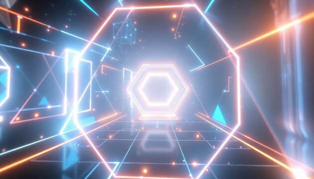 Abstract futuristic digital tunnel with glowing neon geometric shapes and vibrant lines, symbolizing technology, data flow, and virtual reality concepts for business and innovation.