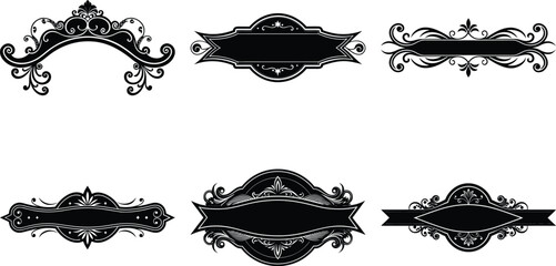 Vector art of assortment of six ornate black decorative frames and banners with intricate details and space for text