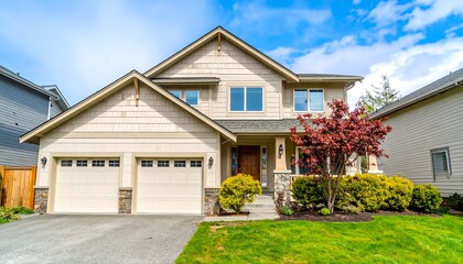 Beautiful Two Story Suburban House with Landscaped Yard and Blue Sky.