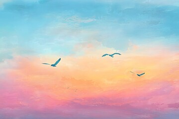 Fototapeta premium Birds flying in a pastel colored sky with shades of pink orange and blue creating a serene atmosphere