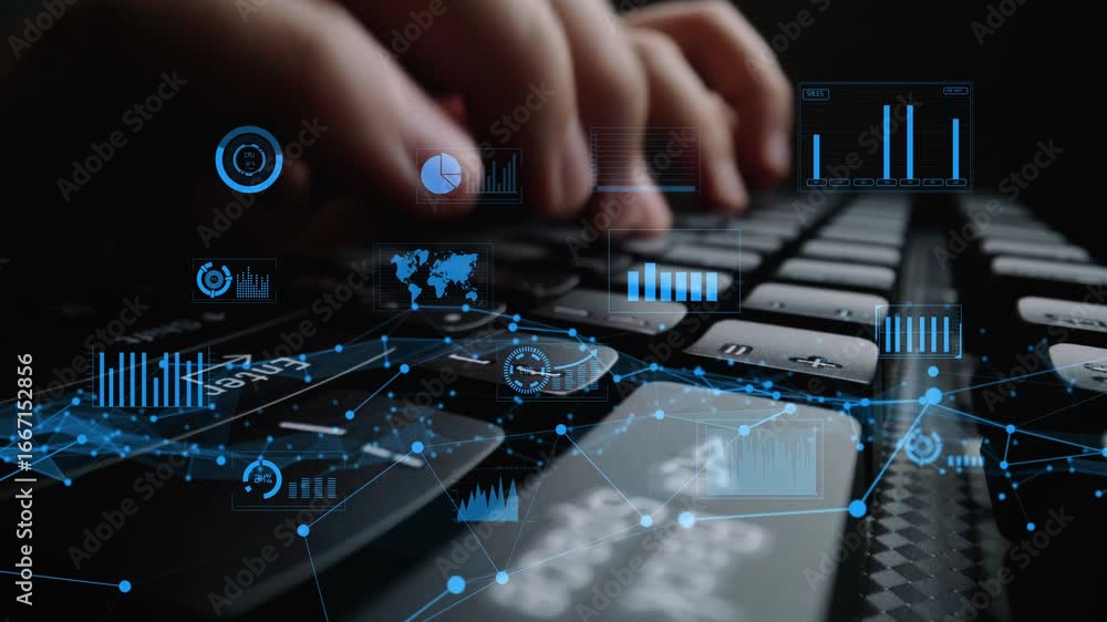 Poster a close-up of hands typing on a sleek keyboard with vibrant digital data graphics and analytical cha