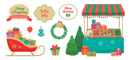 Christmas clipart set flat design. Market stall, fir tree, Santa`s sleigh. Winter holiday gift tags. Cartoon vector illustration. Gift boxes, tinsel, ornaments, festive wreath sale. Isolated elements.