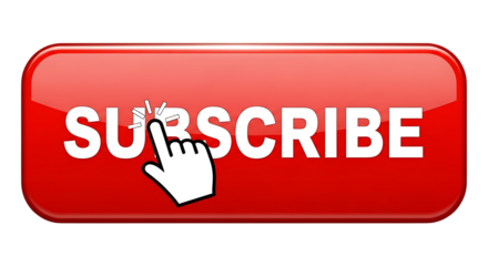 Red subscribe button with hand cursor clicking isolated isolated on transparent background