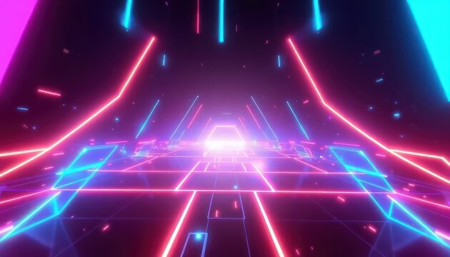 Abstract neon light tunnel with glowing geometric lines in vibrant pink, blue, and purple, creating a futuristic digital background for technology, gaming, or entertainment.