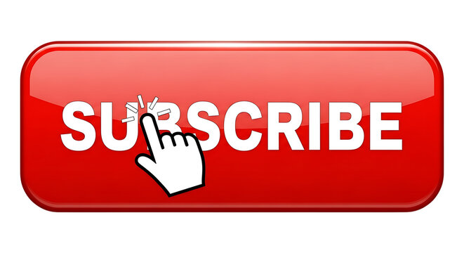 Red subscribe button with hand cursor clicking isolated isolated on transparent background
