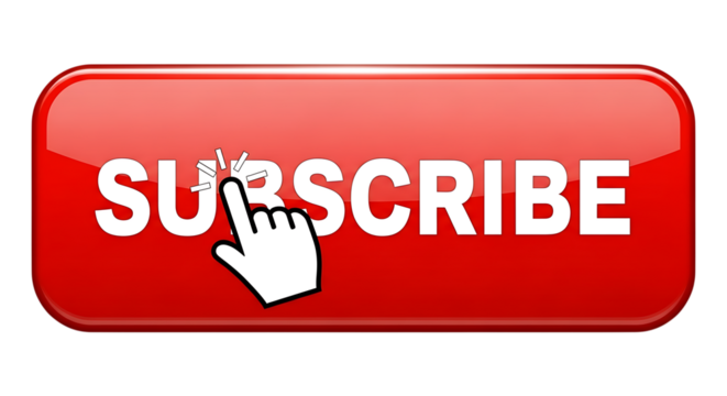 Red subscribe button with hand cursor clicking isolated isolated on transparent background