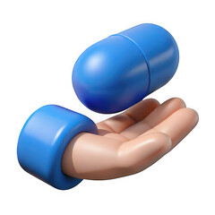 3d blue capsule held in hand isolated on transparent background