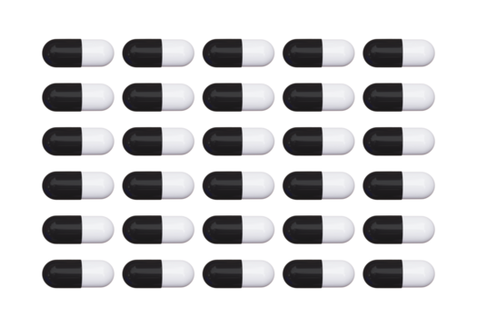 Rows of black and white capsules isolated on transparent background