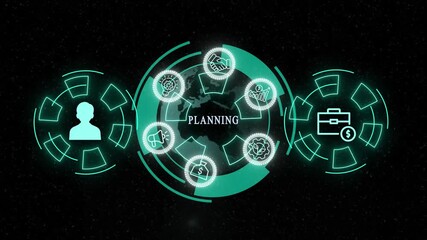 Neon Strategic Workflow HUD. Teal glowing futuristic 4K motion video of innovation, ideas, planning and goal execution for business and startup presentations