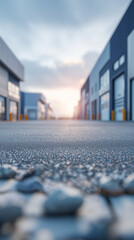 Empty industrial business park street with modern buildings, symbolizing logistics access reliability and urban infrastructure planning for commerce growth. 