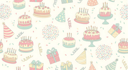 Pastel Birthday Party Pattern &mdash; Seamless Repeat Background with Cakes, Party Hats, Confetti and Wrapped Gifts in Soft Muted Tones (Children&rsquo;s Celebration Seamless Print)