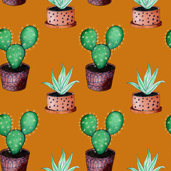 Seamless aqua pattern. Various cacti on a brown background for coloring fabrics, wallpaper, wrapping paper and much more.
