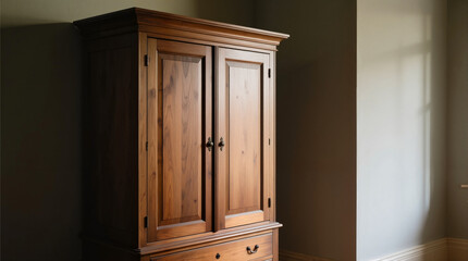 Wooden armoire cabinet with natural finish in minimalist interior  