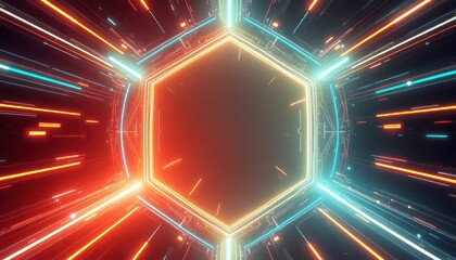 Futuristic neon hexagonal portal with glowing lines, symbolizing high-speed data transfer in a vibrant digital tunnel. Ideal for technology, gaming, and abstract backgrounds.