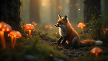 Fox sits among glowing mushrooms in a forest red fox