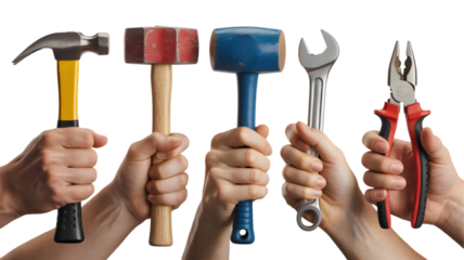 Closeup of hands holding various tools like hammer, wrench, and pliers, showcasing repair, construction, and hardware isolated on transparent background