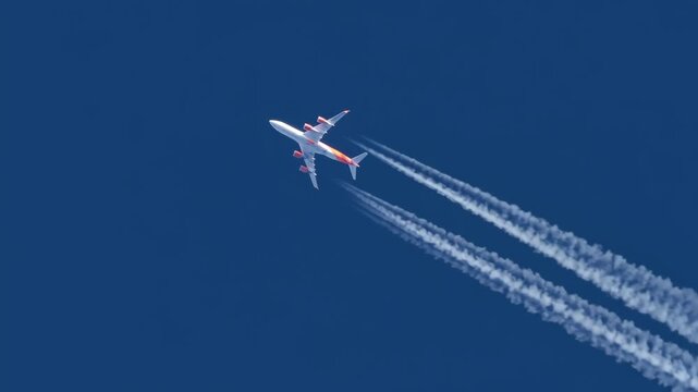 An airplane soars high above, navigating through a bright blue sky, with white condensation trails forming behind it, showcasing its flight path and altitude.