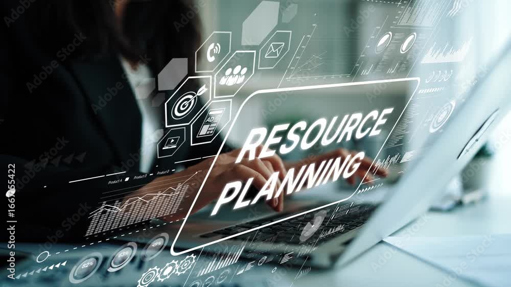 Poster detailed overview of resource planning strategy with digital interface elements and laptop usage in 