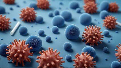 Clostridioides difficile bacteria visible as tiny rods/clusters conceptual SEM overlay effect on textured surface of blue nitrile glove, healthcare infection control visualization