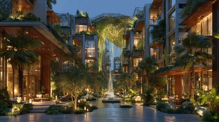 Obraz premium Urban Oasis at Dusk: A meticulously designed urban landscape, featuring contemporary architecture harmoniously blended with lush greenery and a tranquil water feature.