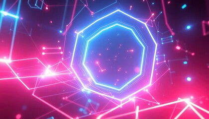 Futuristic digital network with glowing blue hexagon and interconnected neon pink lines and dots, symbolizing data, technology, and global communication.