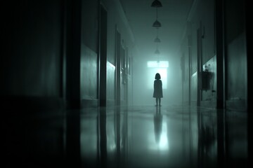 Silhouette of child standing in spooky, empty corridor of hospital or asylum with fog