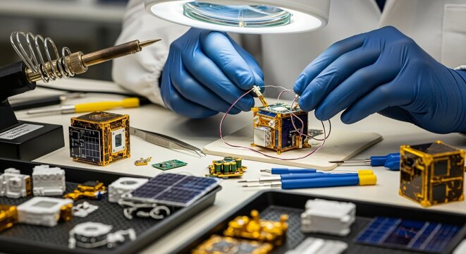 Precision engineering hands assemble intricate satellite components with advanced technology for space exploration innovation - Powered by Adobe