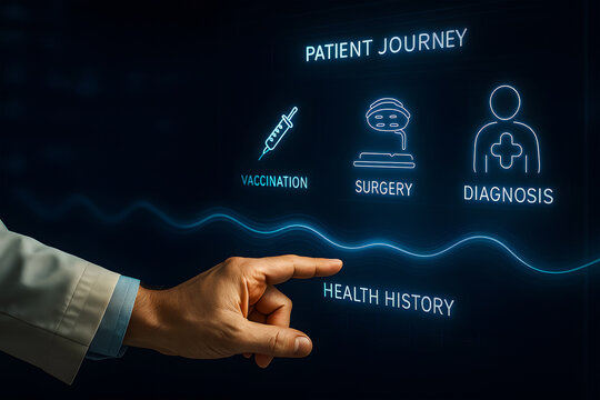 Doctor using a futuristic interface for a patient journey timeline
