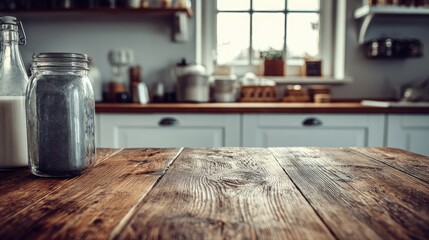 Wooden table top with kitchen background.