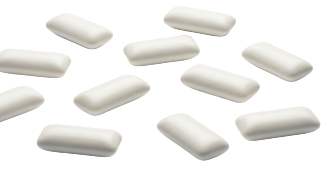 White chewing gum pieces scattered , gum product photography for dental health and freshness on transparent background