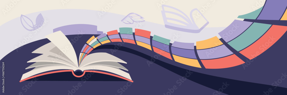 Aufkleber an open book with white pages and a red spine sits on a dark surface with colorful geometric shapes 