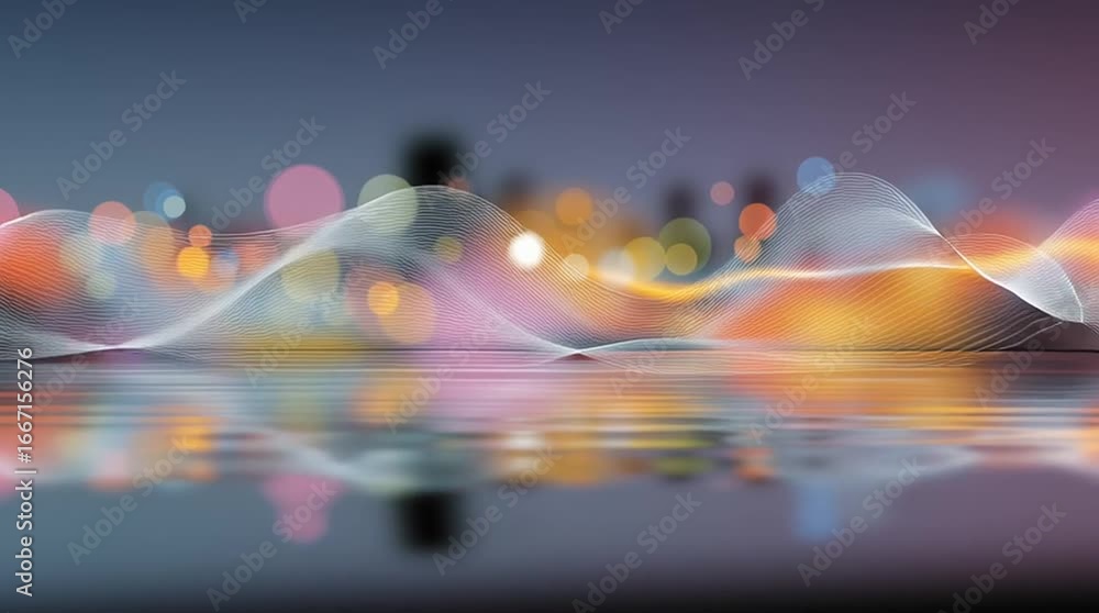 Poster abstract wave patterns gracefully flow across a reflective surface, illuminated by vibrant city ligh