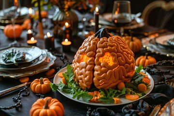 Spooky Halloween centerpiece featuring brain-shaped pumpkin, candles, and mini pumpkins on table, festive autumn decoration for holiday, party, and seasonal design