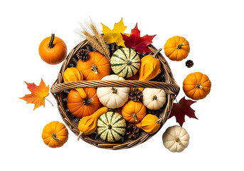 A basket overflowing with autumnal gourds and pumpkins, displayed against a stark black backdrop, creating a warm and inviting fall aesthetic.