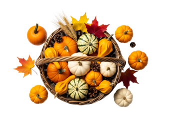 A basket overflowing with autumnal gourds and pumpkins, displayed against a stark black backdrop, creating a warm and inviting fall aesthetic.