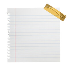 Isolated blank lined paper sheet with torn edge and gold tape for notes and reminders design on transparent background