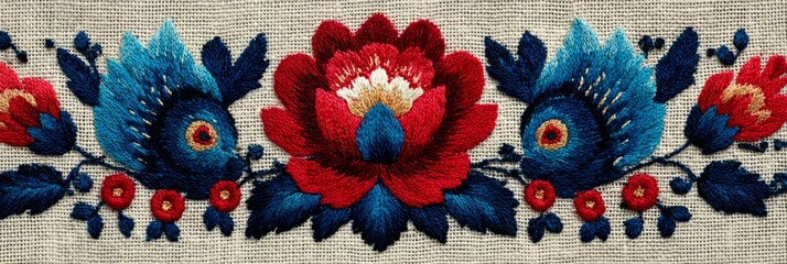 Vibrant floral embroidery adds a touch of elegance to a piece of linen fabric, creating a beautiful decorative border