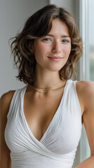 Fototapeta premium Young brunette woman in white dress with soft smile, sitting indoors with natural daylight