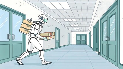 Robot delivery person carrying packages down a hospital hallway