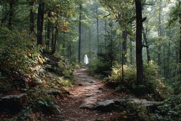 Obraz premium Ghost standing on a hiking trail in a misty forest, creating a spooky and mysterious atmosphere