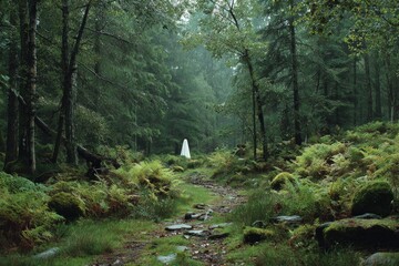 White ghost haunting a mysterious forest path covered in ferns and moss