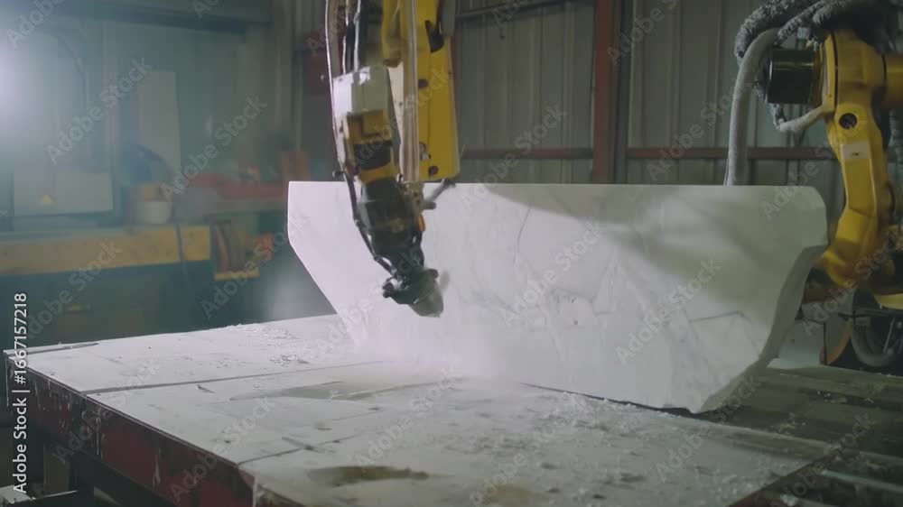 Poster automated marble cutting machine with yellow robotic arm in industrial setting showcasing advanced p