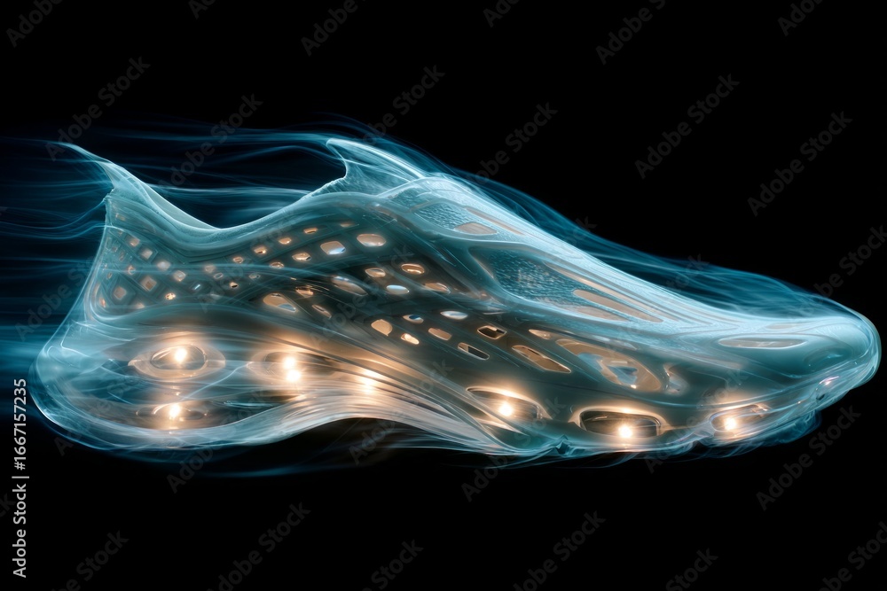 Poster white futuristic running shoe moving fast with light trails on a black background