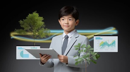 Child eco project. Young boy in gray suit confidently holds tablet, surrounded by vibrant greenery and dynamic data visuals, illustrating the fusion of technology and nature in a modern context - Powered by Adobe