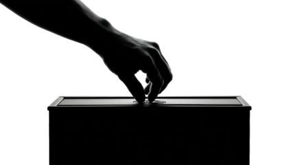 Voting action election day ballot box silhouette view, isolated on transparent background, png